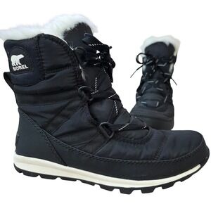 Sorel Whitney Faux Fur Short Winter Boots Sz 6 Black Waterproof Lace Up Snow